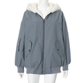 Detail view of a grey hooded bomber jacket featuring white fleece lining and utility pockets - S / Blue