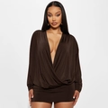 Sleek mocha brown deep V-neck mini dress with batwing long sleeves and draped ruched design - S / Brown