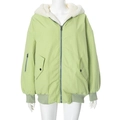 Detail of light green hooded jacket featuring white faux shearling lining and sleeve pocket - S / Green