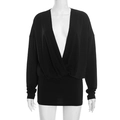 Detail of black long sleeve deep V-neck dress featuring crossed wrap design and knit fabric - L / Black
