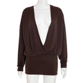 Detail of deep V-neck and soft knit texture on a loose dark brown mini dress - S / Brown