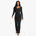 Elegant black two-piece set with long sleeve draped neck top and high waist flared pants - Black