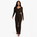 Elegant dark brown two-piece set featuring draped long sleeve top and high waist trousers - Brown
