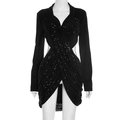 Detail showing black sequin dress with side cut-out and asymmetrical layered hem design - S / Black