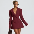 Elegant burgundy long sleeve blazer dress with double-breasted buttons and a slim fit - S / Burgundy