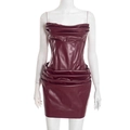 Detail of burgundy PU leather corset dress with ruched textures and fishbone structure - XS / Burgundy