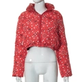 Detailed view of red bandana paisley quilted jacket with high collar and zipper closure - Red