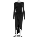 Elegante vestido largo negro de manga larga con pliegues en cintura y abertura frontal - S / Negro