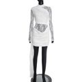 Detailed view of white lace patchwork dress with slim fit ruched design and long tassels - S / White