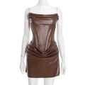 Brown PU leather mini dress with pleated corset bodice and slim straps for women - XS / Brown