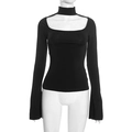 Elegant black long sleeve slim fit top with choker neck and square cutout design - S / Black