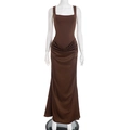 Detail of elegant dark brown square neck sleeveless maxi dress with side ruching and drape - S / Brown