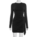 Close-up of ruched fabric details and asymmetric wrap hem on a black bodycon dress - S / Black