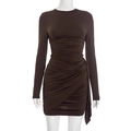 Detail view of the elegant ruched texture and slim fit design on this brown long sleeve dress - S / Brown