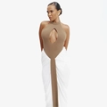 Elegant halter neck dress with teardrop cutout and white pleated maxi skirt - S / Brown Patchwork
