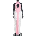 Detail of pink halter neck with teardrop cutout and elegant contrast streamers - S / Pink Splicing