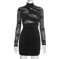 Elegante vestido ajustado negro con mangas de encaje y detalles fruncidos para mujer - S / Negro