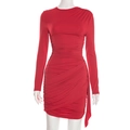 Slim-fit long-sleeve red mini dress featuring ruched details and a side streamer - S / Red