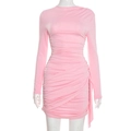 Pink long sleeve ruched mini dress in high-stretch fabric with slim fit silhouette - Pink