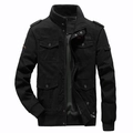 Men's black cotton field jacket with stand collar and multi-pocket utility design - M / Black