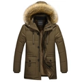 Parka invernale da uomo cachi scuro con cappuccio, collo in ecopelliccia e fodera in pile - M / caffè