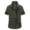 Camicia cargo da uomo in cotone verde militare a maniche corte con tasche sul petto - S / Tops / Verde Militare