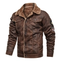 Men's vintage brown faux shearling aviator jacket with thick fleece collar and pockets - Brown