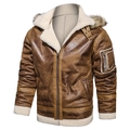 Men's brown hooded faux leather jacket with plush shearling lining and fur collar - L / Brown