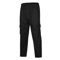 Detail view of black cargo pants with elastic waistband and large side flap pockets - M / Black