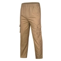 Detailed view of khaki cotton cargo pants featuring elastic waist and large side pockets - M / Khaki