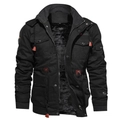 Giacca uomo in tela nera foderata in pile con tasche multiple e cappuccio regolabile - M / Nero