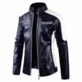 Men's slim fit navy blue faux leather jacket with white contrast sleeves and fleece lining - 4XL / Fleece Lined / Blue