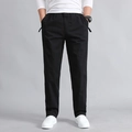 Men's black straight-leg casual cotton trousers with elastic waist and side pocket detail - M / Black