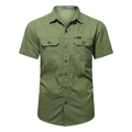 Detailed view of olive green short sleeve shirt with flap pockets and reinforced stitching - Fruit Green