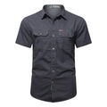 Detail of dark grey short sleeve outdoor shirt featuring twin flap pockets and topstitching - Gray