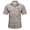 Short sleeve khaki men's outdoor shirt with classic lapel and double breast pockets - Off-white