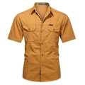 Short sleeve mustard yellow outdoor work shirt with turn-down collar and dual chest pockets - Turmeric
