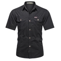 Men's casual black short sleeve cargo shirt with dual chest pockets and metal buttons - Black