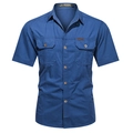 Men's casual short sleeve button-down shirt in navy blue with double chest pockets - Blue