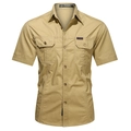 Men's khaki short sleeve tactical cargo shirt with double chest pockets and lapel collar - Khaki