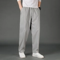 Light grey straight leg casual men trousers with elastic drawstring waist and side pockets - M / Light Gray