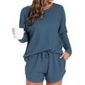 Set relax da donna in maglia a nido d'ape a due pezzi con maglia a maniche lunghe e pantaloncini - Taglia S / Blu Mare Profondo
