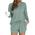 Set lounge da donna in maglia a nido d'ape verde salvia con maniche lunghe e pantaloncini - Taglia S / Verde menta