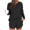 Set relax da donna nero in maglia a nido d'ape con top a maniche lunghe e shorts - M / Nero Mezzanotte