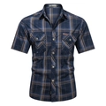 Camicia scozzese da uomo a maniche corte blu scuro con doppie tasche sul petto - S / Tops / Blu Scuro (5002)