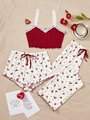 Three-piece floral pajama set with wine red lace camisole and matching shorts - Burgundy