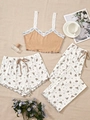 Brown rib knit camisole and floral loungewear set with lace trim and wooden edge details - Khaki