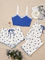 Three-piece floral pajama set with blue ribbed lace camisole and printed pants - Blue