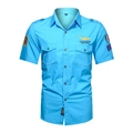 Camicia cargo da uomo azzurro cielo a maniche corte stile militare con toppe e doppie tasche - S / Tops / Blu Reale