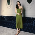 Detail of elegant grass green satin slip dress with cowl neck and silky drape texture - 2878 Dark Green / M